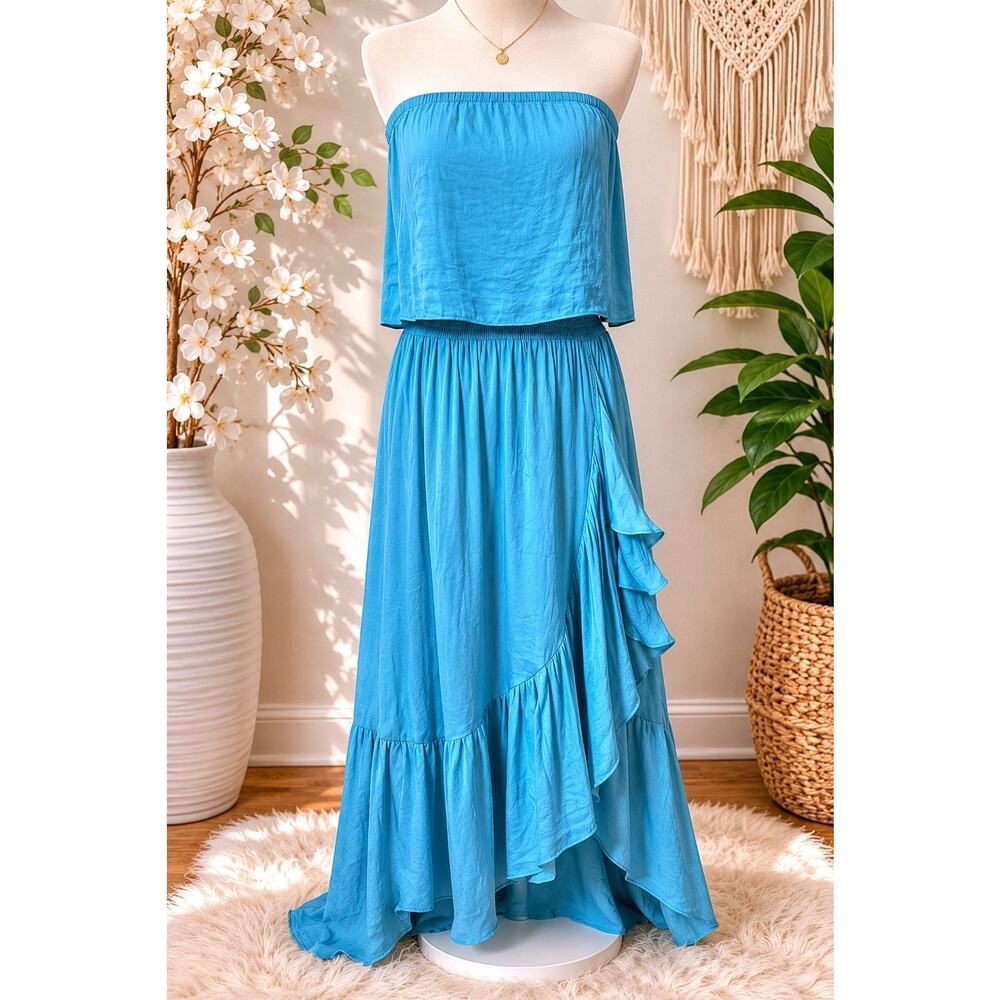 Naked Zebra Strapless High Low Maxi Dress Size M Blue Ruffle Hem Boho Resort